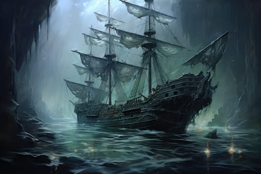 Embark on a haunting journey across the treacherous waters with this captivating illustration by a professional visual artist.