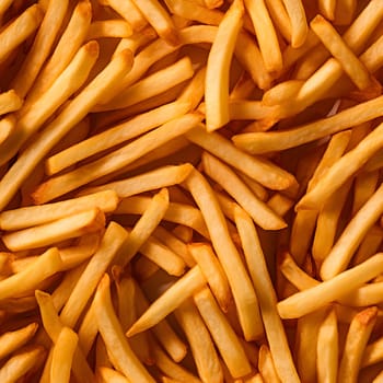 seamless texture and full-frame background of piled French fries, neural network generated image. Not based on any actual scene or pattern.