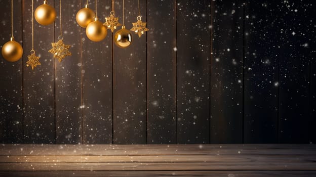 Christmas decorated wooden planks background with hanging golden mirror balls, neural network generated image. Not based on any actual person, scene or pattern.