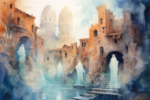 In the realm of fantasy, eerie and ethereal, ancient ruins and crumbling castles are shrouded in an unsettling atmosphere, haunted by ghostly apparitions.