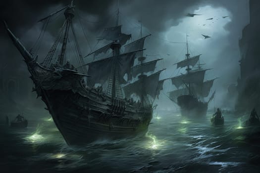 Embark on a haunting journey across the treacherous waters with this captivating illustration by a professional visual artist.