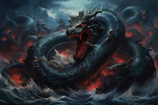 Dive into a fantastical realm where gigantic sea serpents, with their immense coils, slither through treacherous waters.