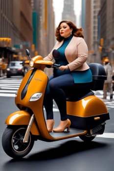 curvy elegant empowered business woman driving electric scooter in downtown illustration genrative ai art