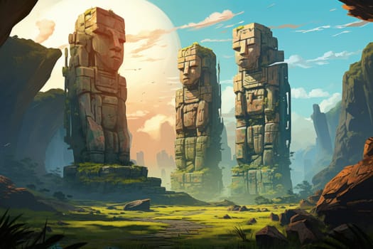 Behold the majestic marvels of the past - ancient stone colossi, towering giants hewn from the very bedrock itself.