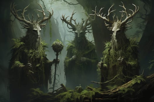 Deep within the mystical woodland realms of fantasy, ancient forest spirits stand as silent sentinels, their ethereal presence a testament to the wisdom and magic of the natural world.