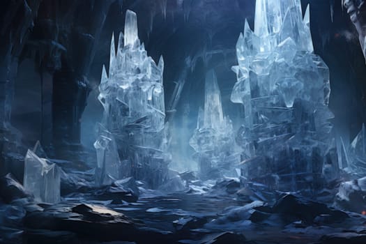 Deep within the realms of fantasy, mysterious icy caves hold untold treasures, guarded by glistening crystal golems.