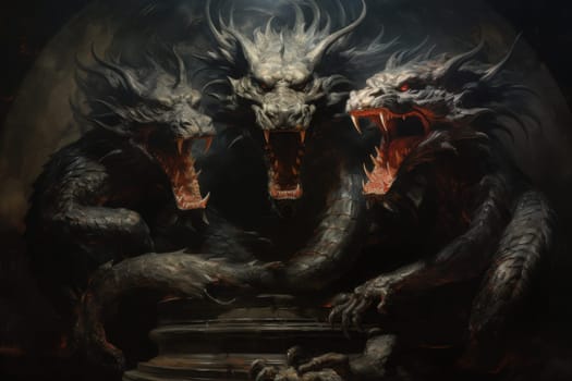 In the realm of fantasy, ferocious shadow dragons dominate the skies, their majestic forms wreathed in darkness.