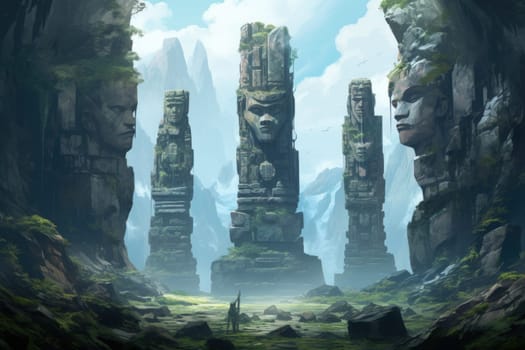 Behold the majestic marvels of the past - ancient stone colossi, towering giants hewn from the very bedrock itself.