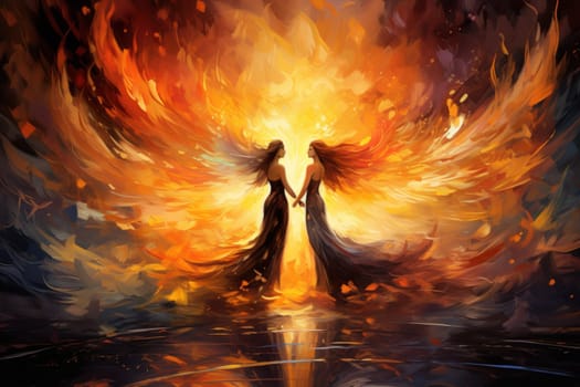 Within the realm of fantasy, elegant phoenix dancers grace the stage, their mesmerizing performances engulfed in flames.