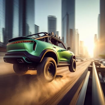 modern suv crossover jeep go fast in city suburbs, sunrise, motion blur, golden hour, off road generative ai art
