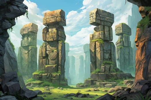 Behold the majestic marvels of the past - ancient stone colossi, towering giants hewn from the very bedrock itself.