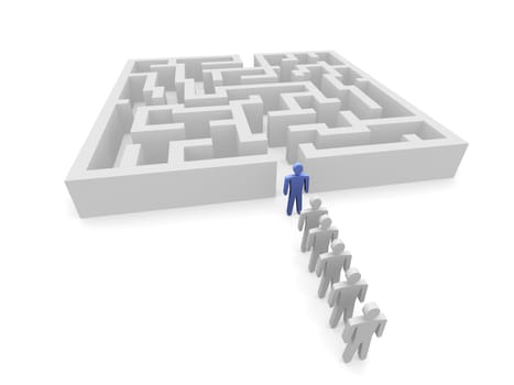 Row of persons in front of labyrinth