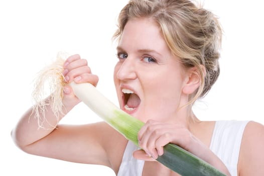 Young woman with leek stalk
