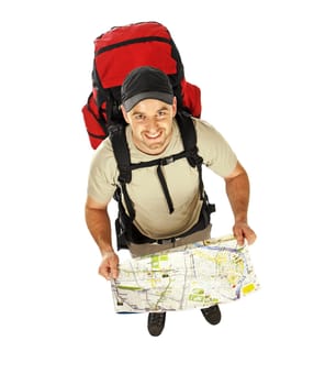 man with backpack and map