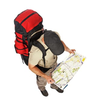 man with backpack and map
