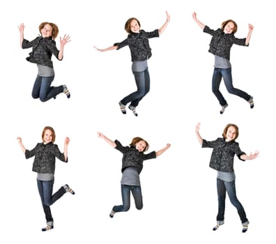 Teenage girl jumping on white background