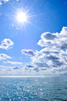 Blue water and sunny sky background