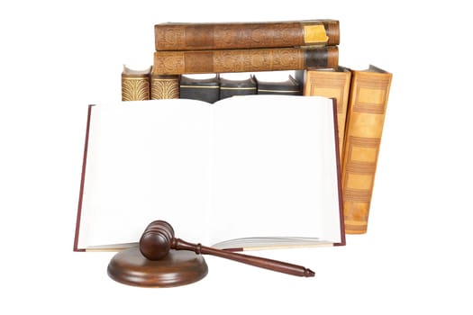 Wooden gavel and law books