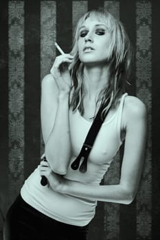 beautiful smoking woman over abstract vintage wallpaper