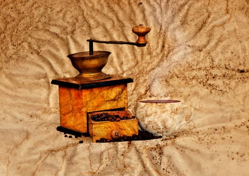 coffee mill and beans in grunge style