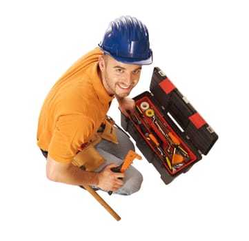 handyman and toolbox isolated on white