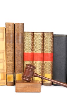 Wooden gavel and law books