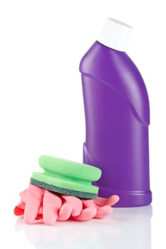 Detergent bottle, sponge and gloves