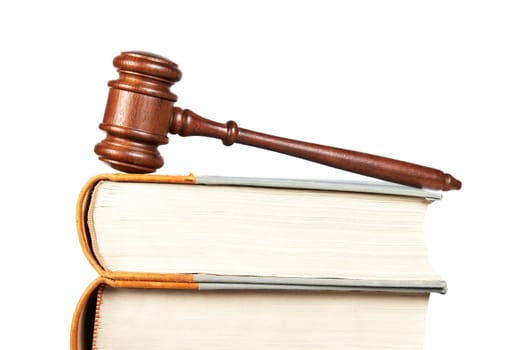 Wooden gavel and law books