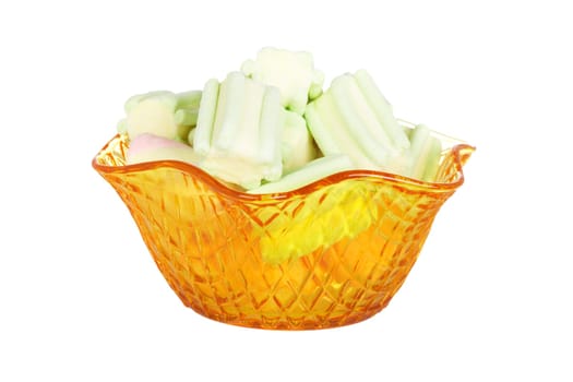 Pink marshmallows in the glass bowl