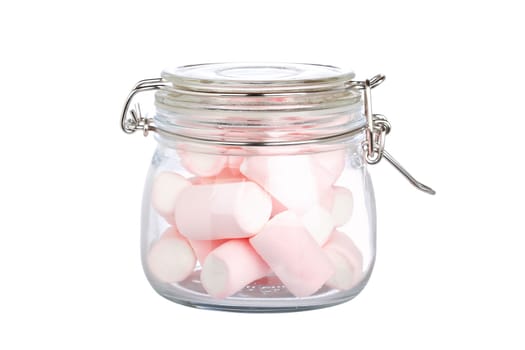 Pink marshmallows in the glass jar