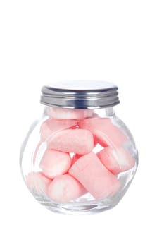 Pink marshmallows in the glass jar