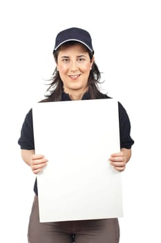 Courier woman holding the blank card