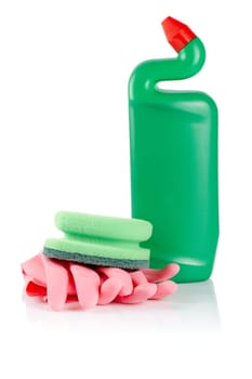 Detergent bottle, gloves and sponge