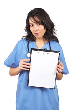 Female doctor showing a blank clipboard