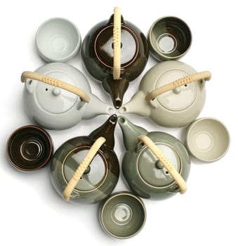 Various teapots and tea cups