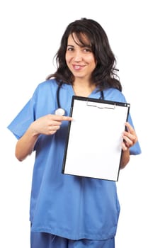Female doctor showing a blank clipboard