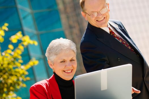 Two business people looking at a laptop