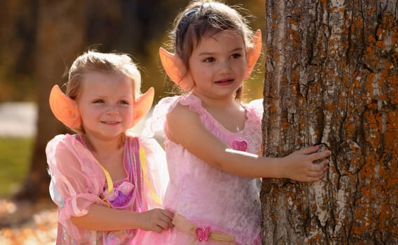 Two little elves waiting in the Autumn forest