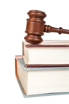Wooden gavel and law books