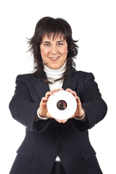 Business woman holding a dvd disc