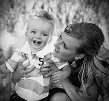 Mother and son laughing together