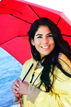 Beautiful young woman in raincoat with u