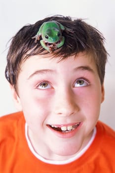 Boy plays with frog