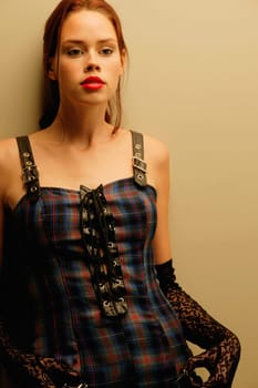Woman with plaid dress