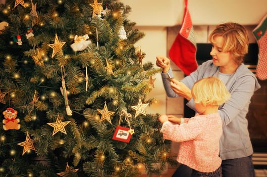 Decorating a Christmas tree