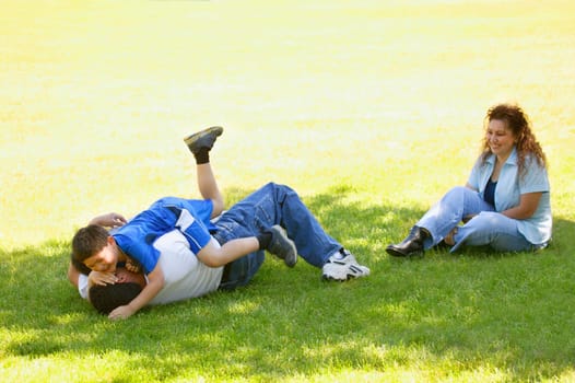 Family plays outside