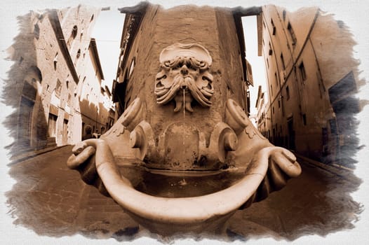 Carved ornamental fountain on a street in Florence, Tuscany Italy