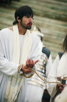 Jesus tied with ropes and arrested