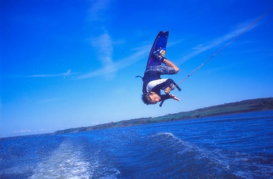 Man wakeboarding Coal Lake Alberta Canada