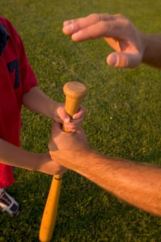 Father and boy's arms with baseball bat